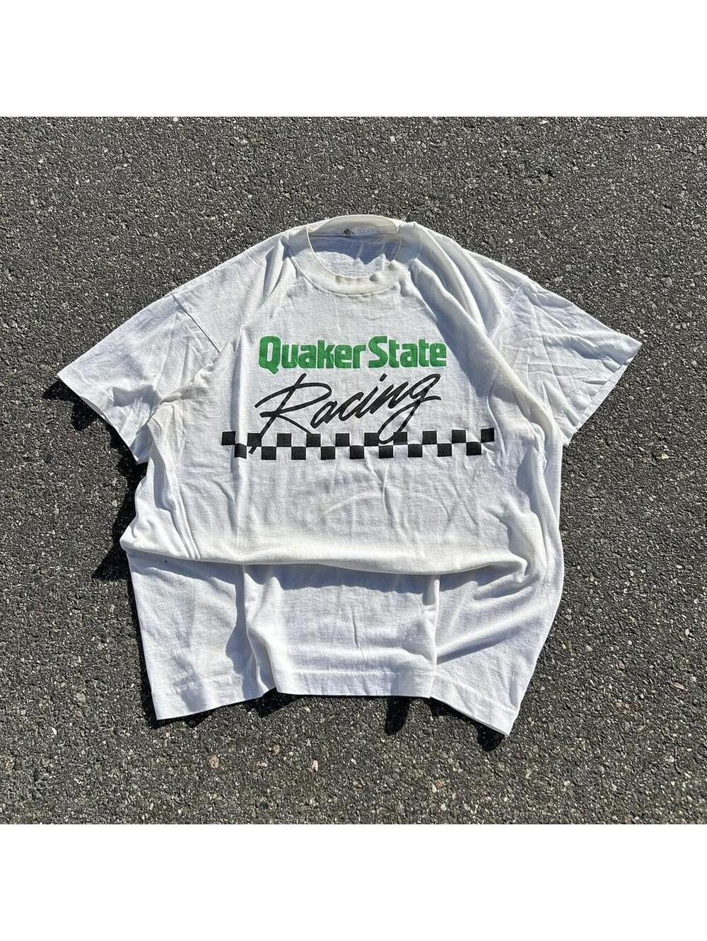 80s Quaker State Racing Tee - single stitch, white with green accents streetwear